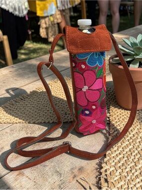 Embroidered Floral Suede Crossbody Bottle Bag - Pink & Brown